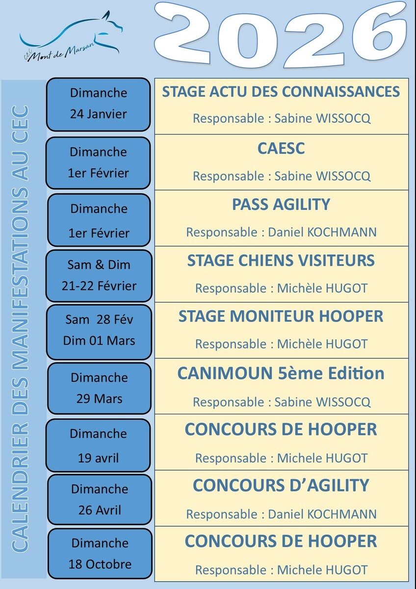 Calendrier des événements au CEC en 2026